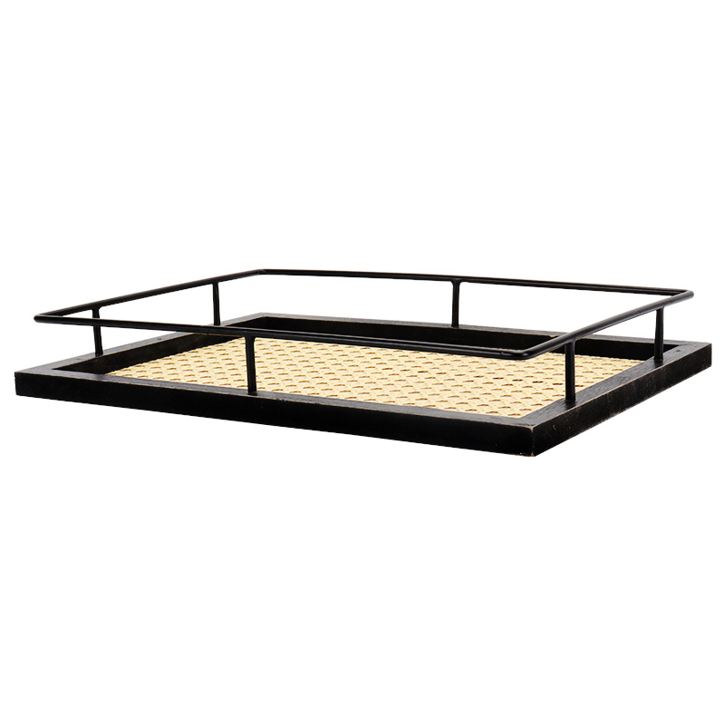 New design decorative table ornaments Rectangle wooden tray metal handles black rattan woven tray