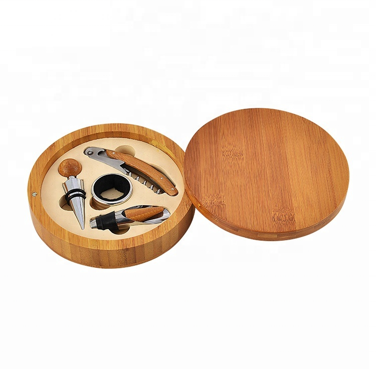 Western Favourite Round Bamboo Box 4pcs Accessories Bamboo Wine Set