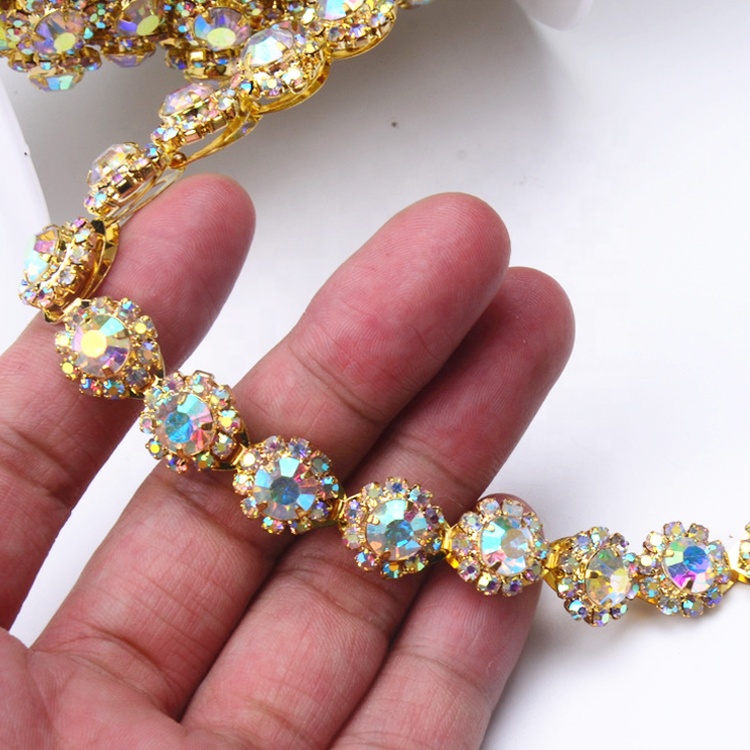 Wholesale Bulk Gold Sunflower Rhinestone Crystal Diamond Trim for Garment Decor