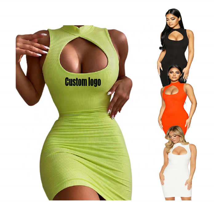 Fashion ins women sexy summer new sleeveless round neck sexy hollow ribbed slim fit hip bodycon dress