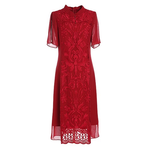 Gowani new summer red retro embroidered cocktail Chinese style silk midi dress