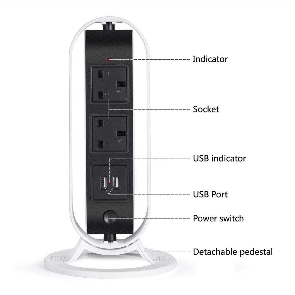 Вертикальный удлинитель с несколькими розетками, 6 розеток и 2 USB-портами, 2500 Вт, 110-250