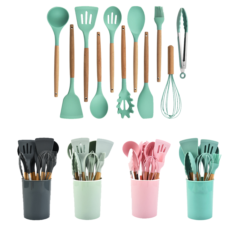 12 Pieces Kitchen Cooking Food Grade Utensils Set Silicone Kitchen Spatula Utensils Set With Wooden Handle