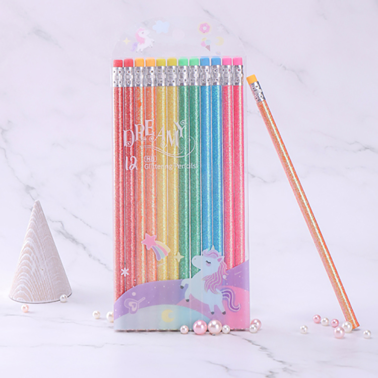 Dreamy glittering series Stationery Set Kids Cartoon Cute Black Wood Pencil 12pcs/set School Students Wooden Pencil Set