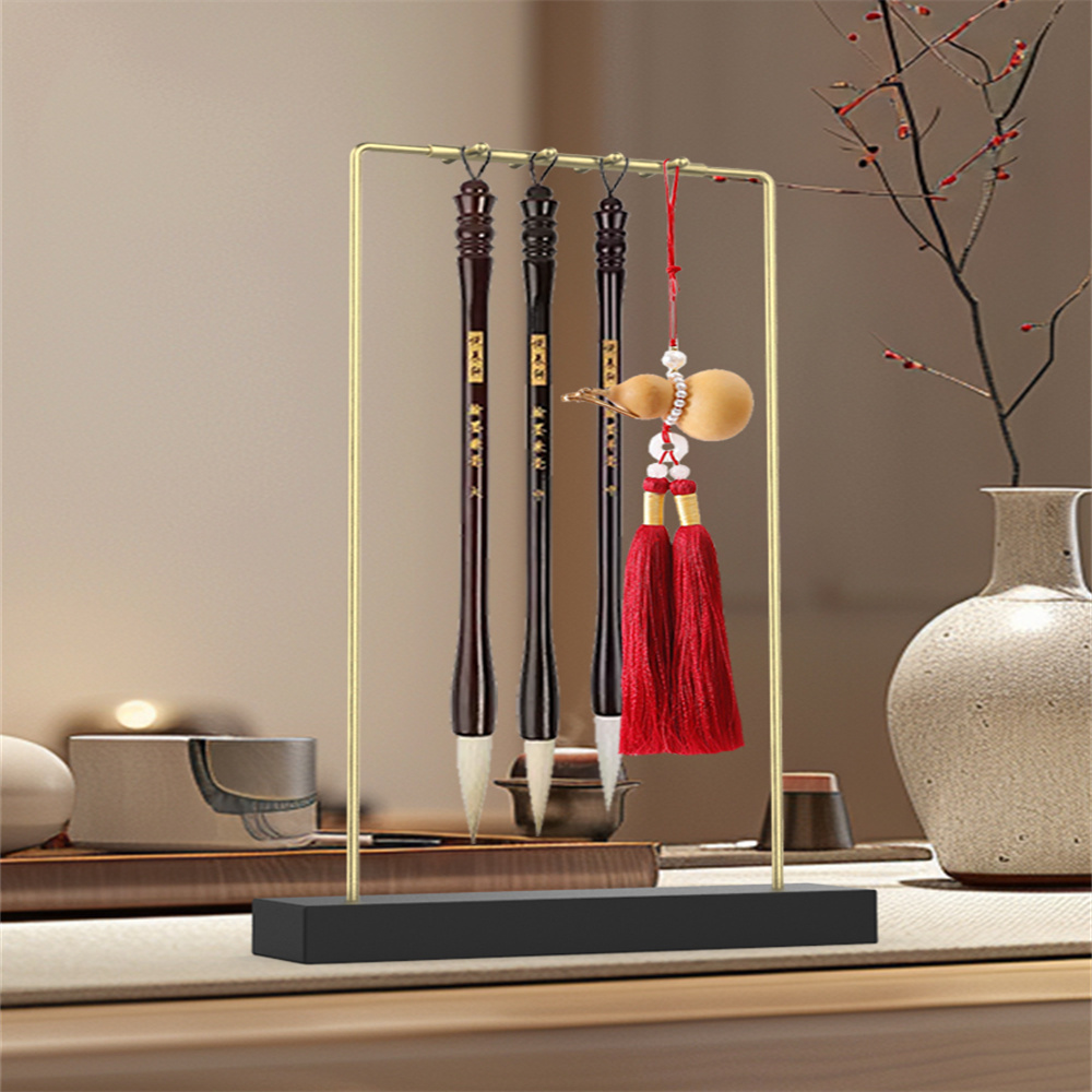 U-Shaped Metal Chinese Brush Pen Holder 8 Hooks Desk Organizer Ink Stone Base Calligraphy Rest Ink Hanger Writing Brush Holder