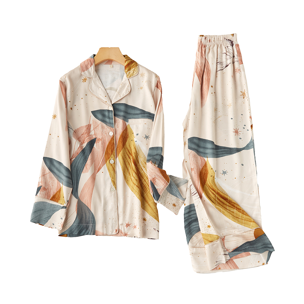 New Ladies Pajamas Set Floral Printed Full Cotton Fresh Style Sleepwear Set Women Turn-down Collar Female Casual Homewear