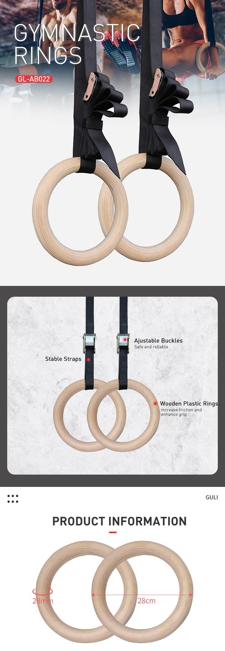 Guli Fitness Professional Gymnastics Training Wooden Gymnastic Rings with Straps Exercise Gym Rings Fitness With Customer Logo