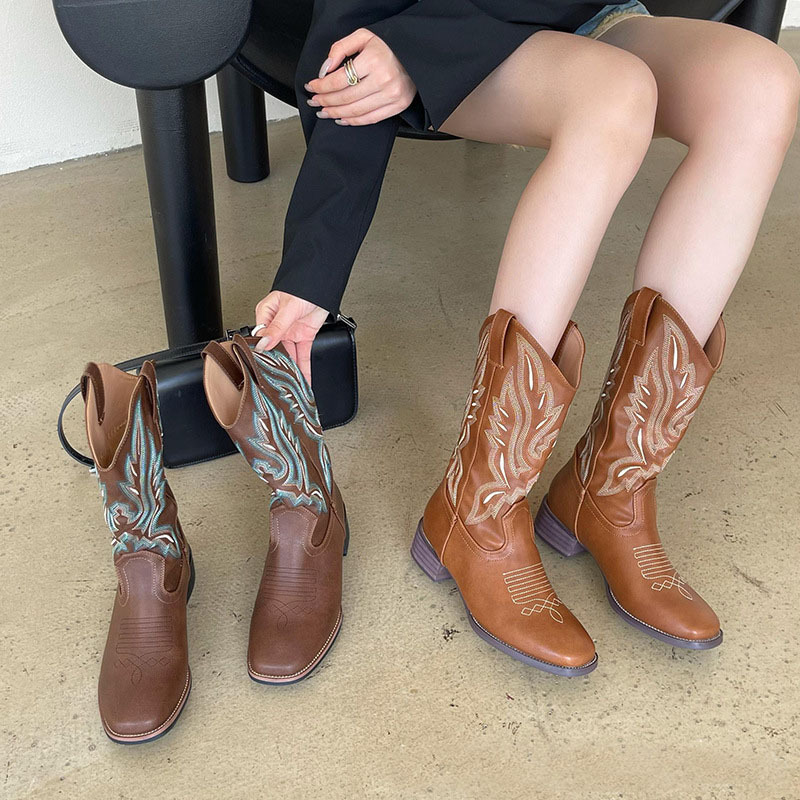 Vintage Western Women Boots Mid-Calf Length Genuine Leather Slip-On Cowgirl Cowboy Style Ankle