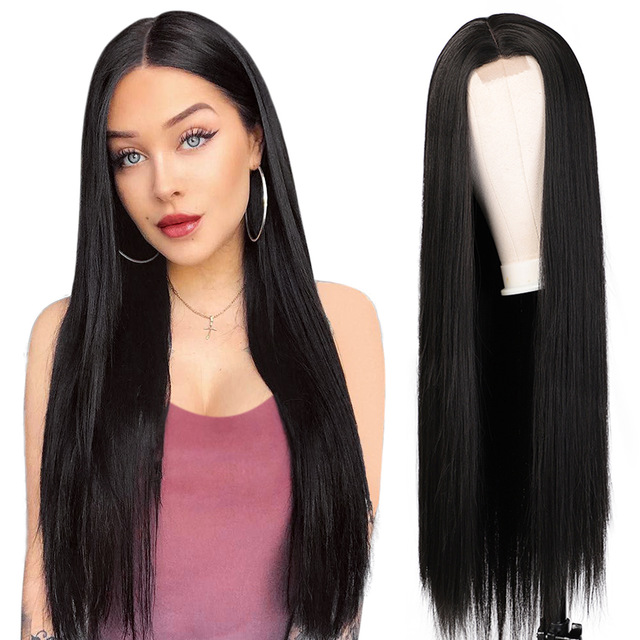 Smartbraid 30 дюймов средняя часть длинные прямые черные волосы синтетические волосы парики для черных женщин термостойкие волокна кружева парики