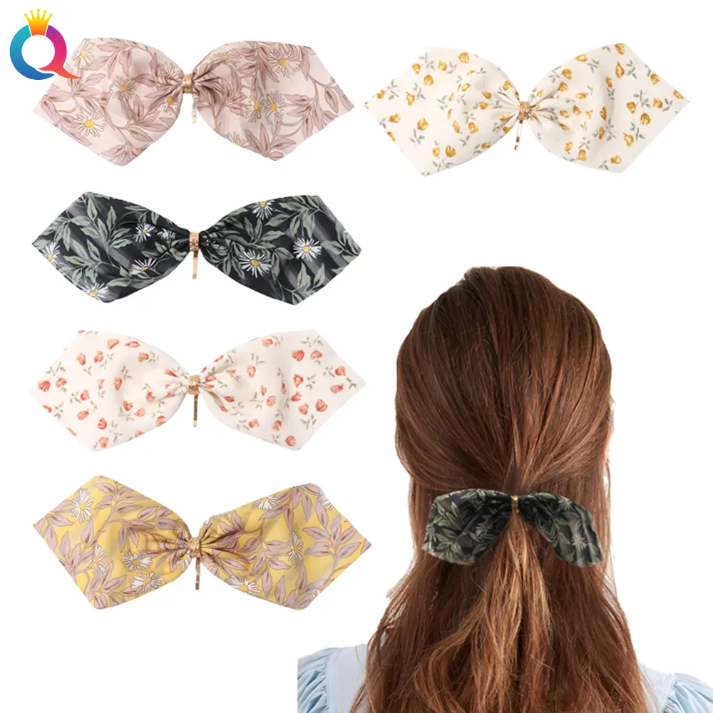 floral design bow tie hair ribbon with gold color curve  hook  thin fabric summer hair decoration