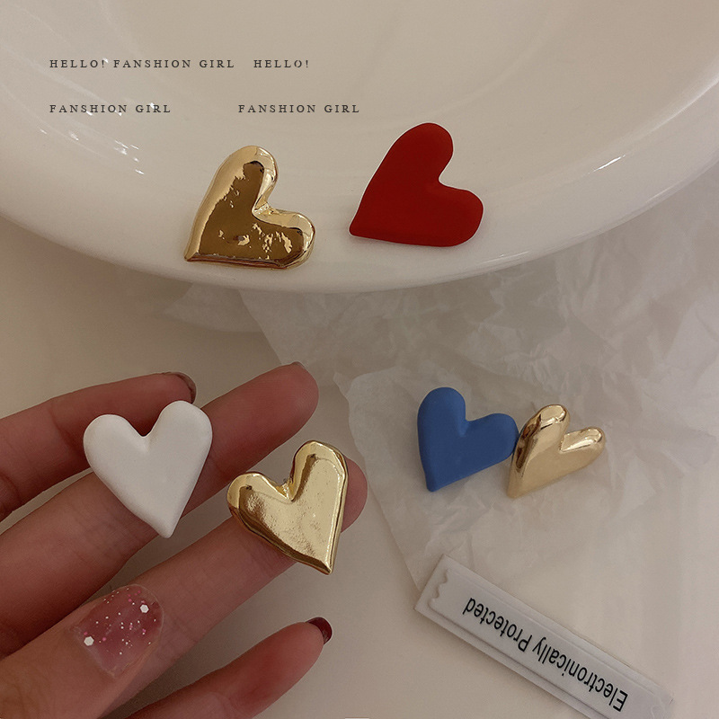 Jewelry 925 silver needle asymmetric candy color Love Earrings Korean temperament sweet simple lovely personality