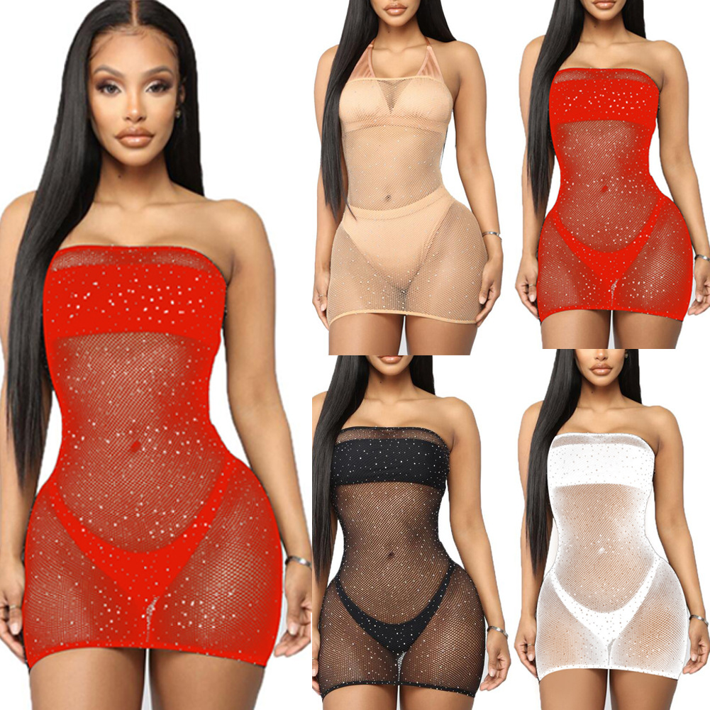 New European and American wrapped chest hot diamond dress dot diamond starry translucent one piece dress