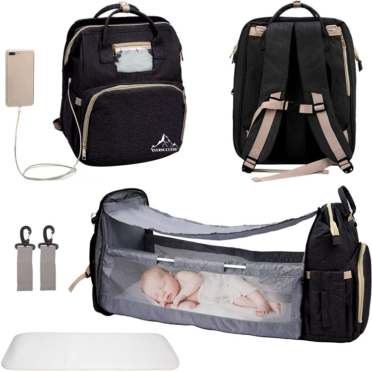 3 in 1 Diaper Bag Backpack, Travel Bags Foldable Baby Bed with USB Charging Port, Waterpoof, Portable Nappy Bag