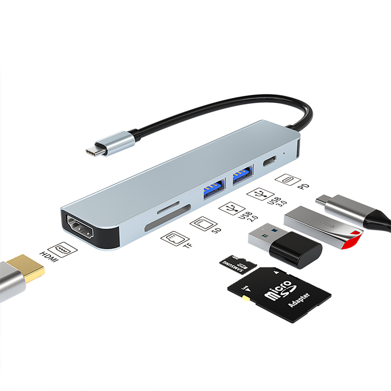 Usb c концентратор usb Type c концентратор HD-MI 4K PD 87W/SD/TF USB3.0 USB2.0 Кабель с разъемом типа c Usb 6 портовый концентратор серый