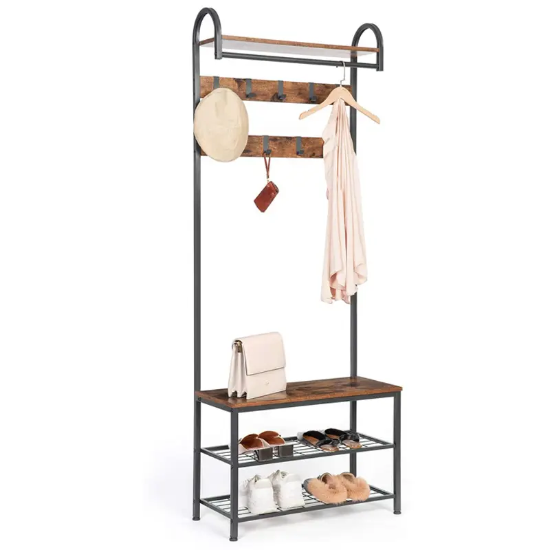 CYX Wholesale Entryway Furniture Industrial Wooden Metal Hall Tree Clothes Coat Hanging Shelf Shoe Coat Rack Stand with