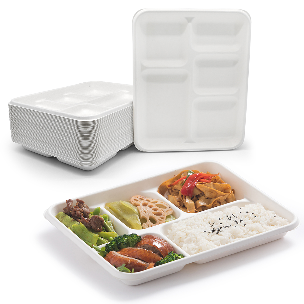 In Stock Custom Bagasse 5 Compartment Tray 5 Compartment Paper Plates Biodegradable