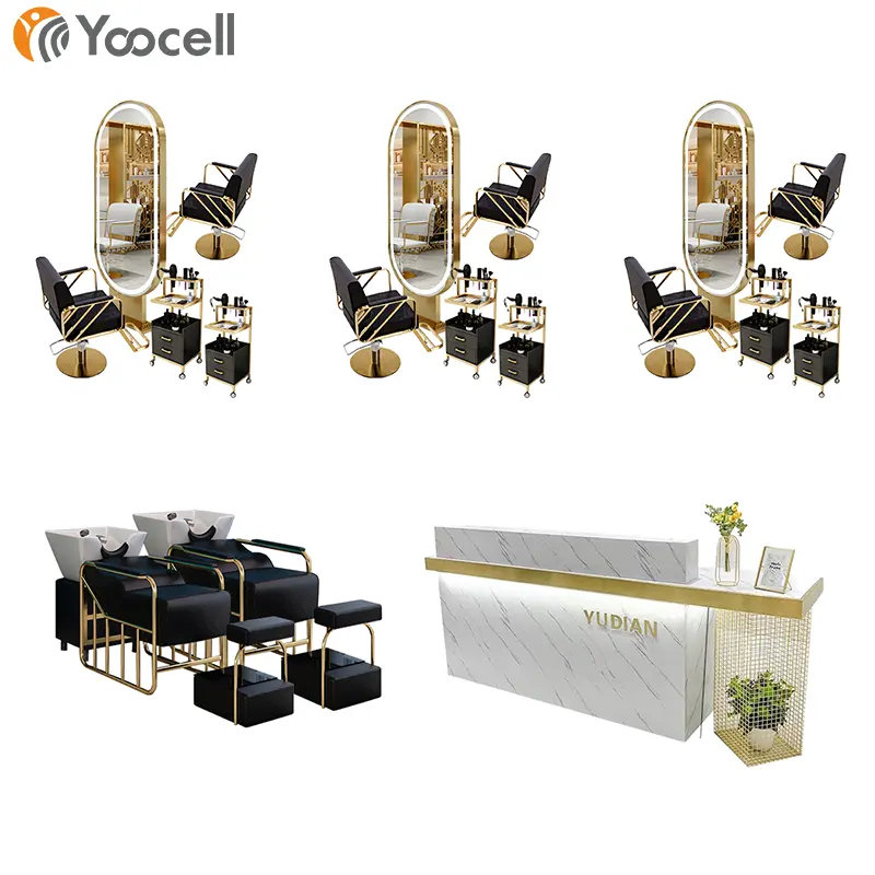 Yoocell Super September black gold salon equipment and furniture package beauty salon package furniture for barbershop