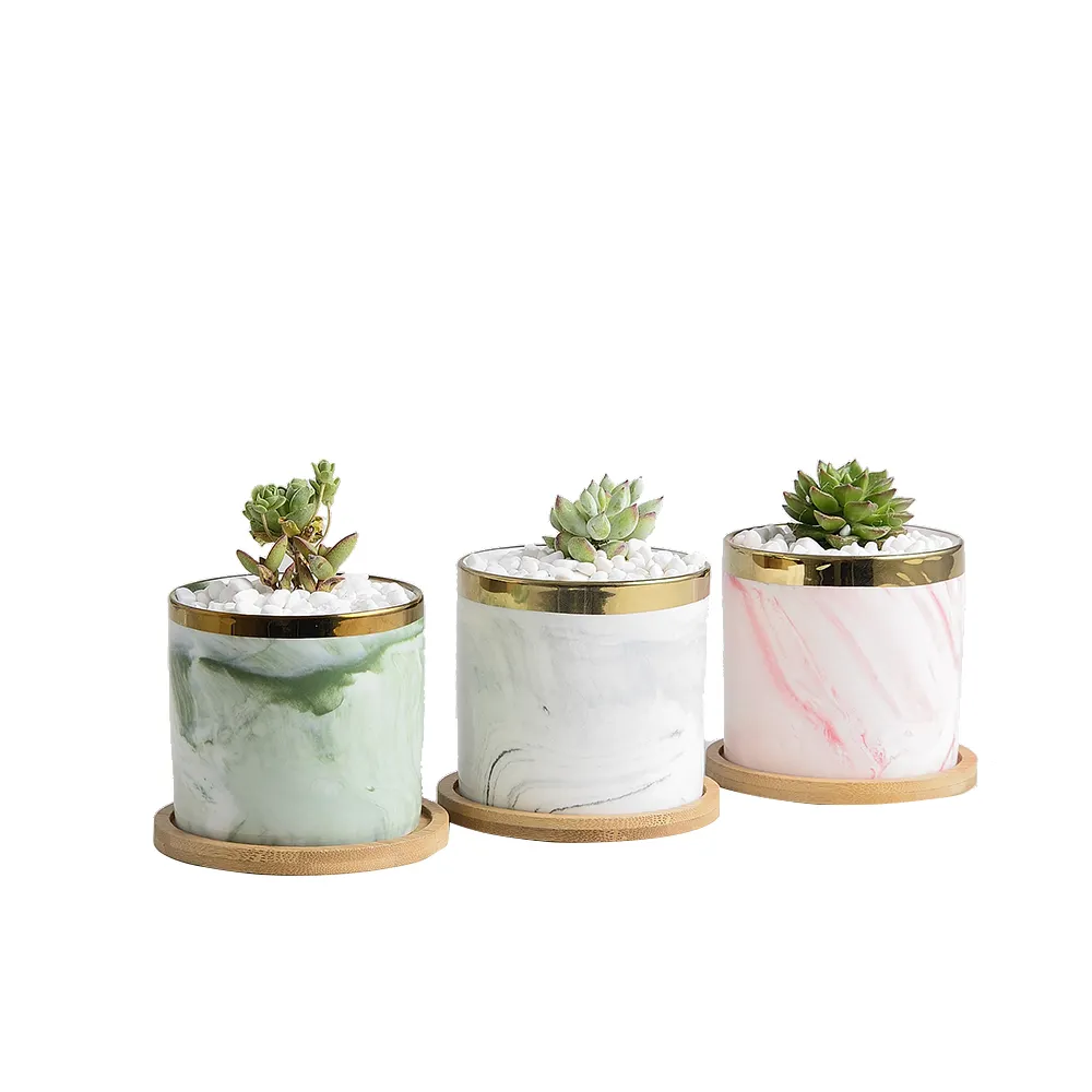 Оптовая продажа, цилиндрические дизайнерские маленькие милые мраморные керамические горшки для растений с бамбуковым лотком