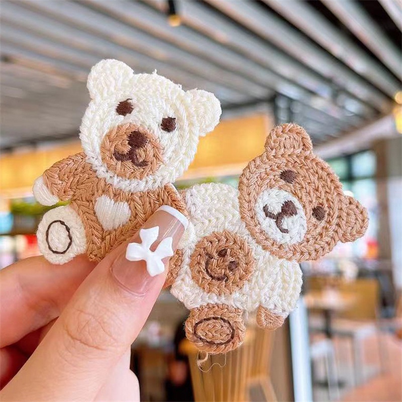Korea Style Knitted Milk Tea Bear Hairpin Cute Children Little Girl Press Clip Paired BB HairClip Set