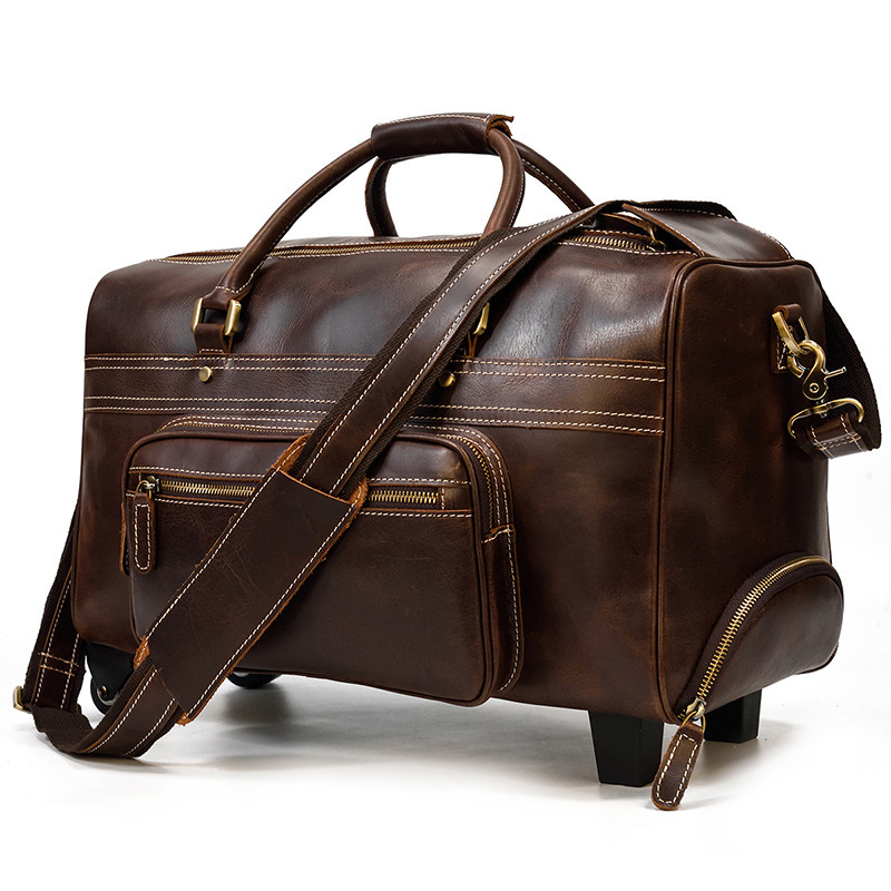 Vintage Cowhide Genuine Leather Trolley Luggage Bags for Men Large Capacity Travel Business Trip Durable Zipper Geometric