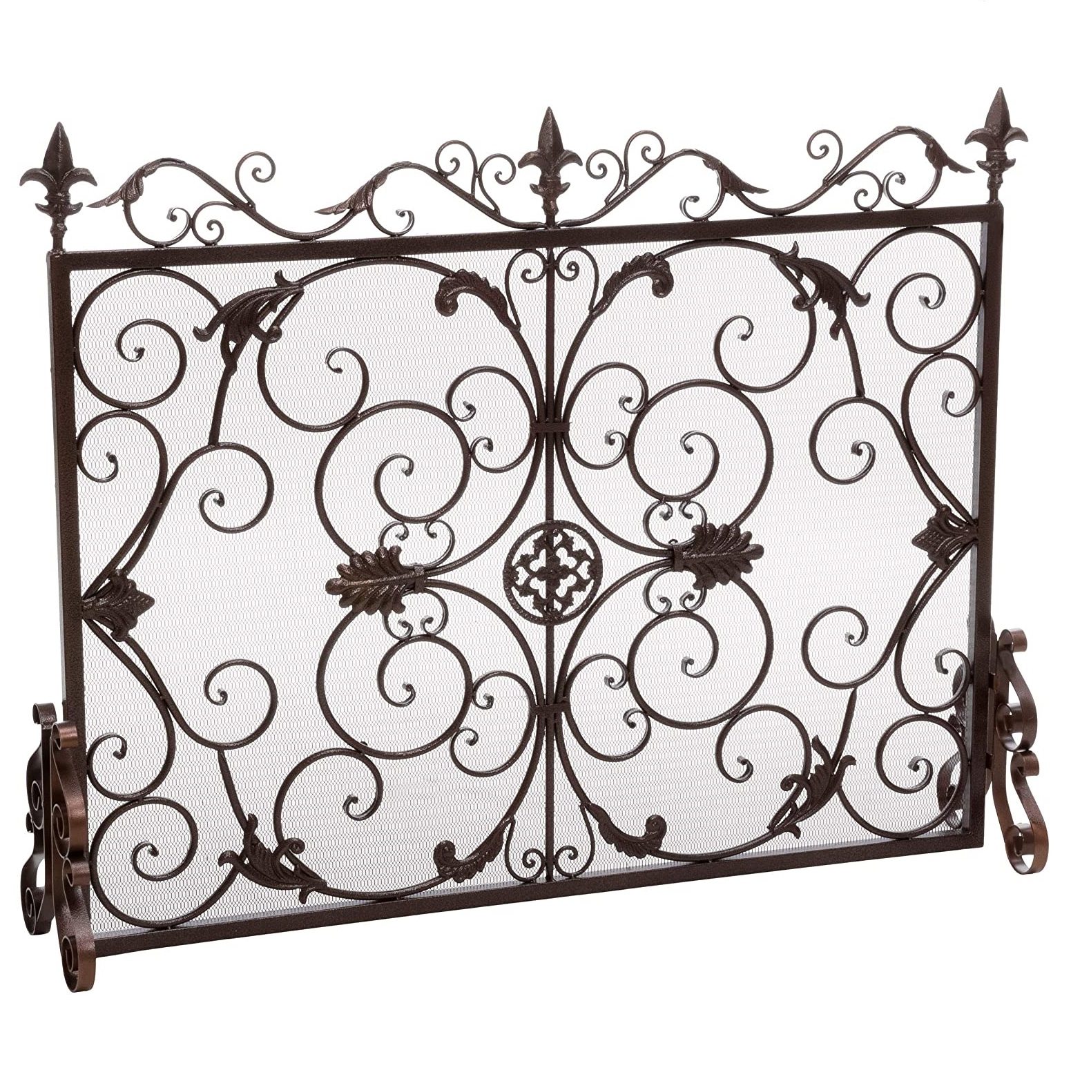 Single Panel Brushed Gold Fireplace Screen Gold Flower On Black