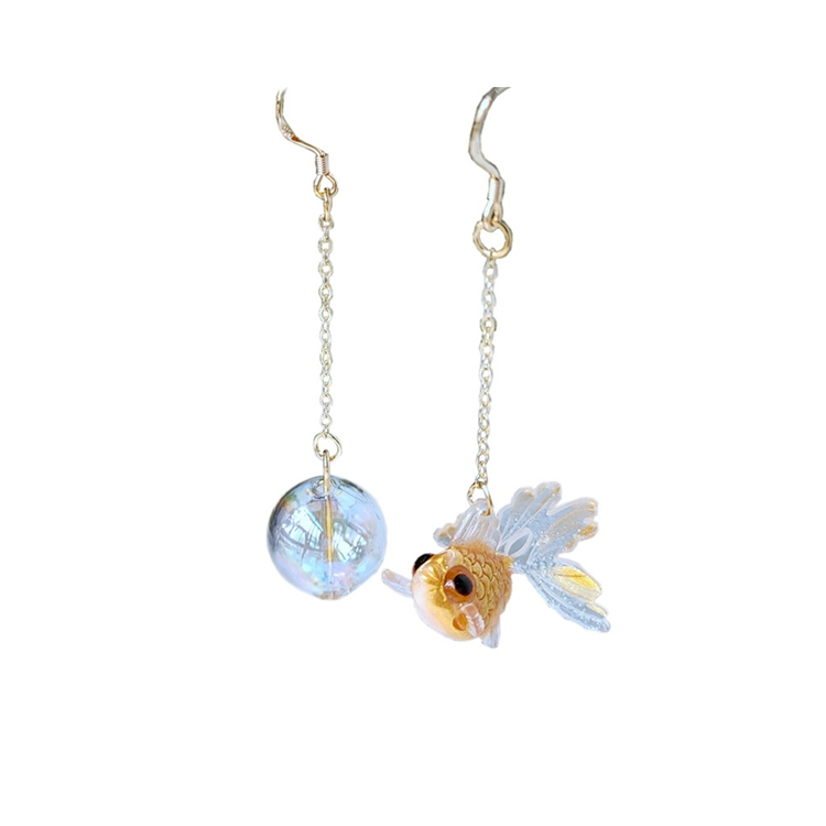 Hot sale professional low price asymmetric glass bubble gold jewelry 14k goldfish shape earrings