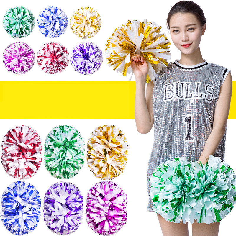 Different Color PVC Cheerleading Metallic Pom Poms Party OEM Customized Style Handle Weight Material Origin