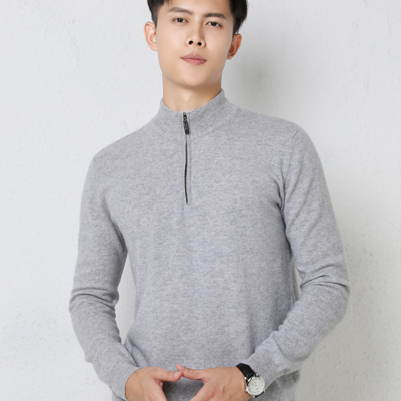 Winter Solid Color Cardigan Zipper Sweater Half Turtleneck Middle-Aged Men's Cashmere Sweater Korean Leisure Pullover Warm