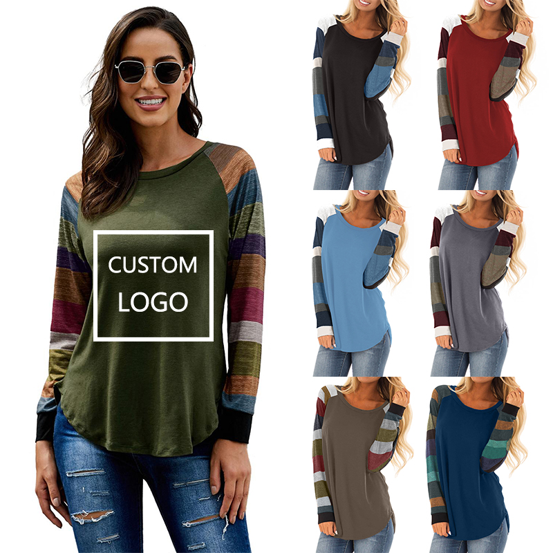 Wholesale Loose Tops Color Block O-Neck Long Sleeves Women Pullover Top