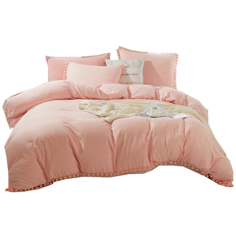 Solid Bedding Set With Washed Ball Decoration Microfiber Fabric 3 Pieces Set Duvet Cover Pillowcase Comfortable