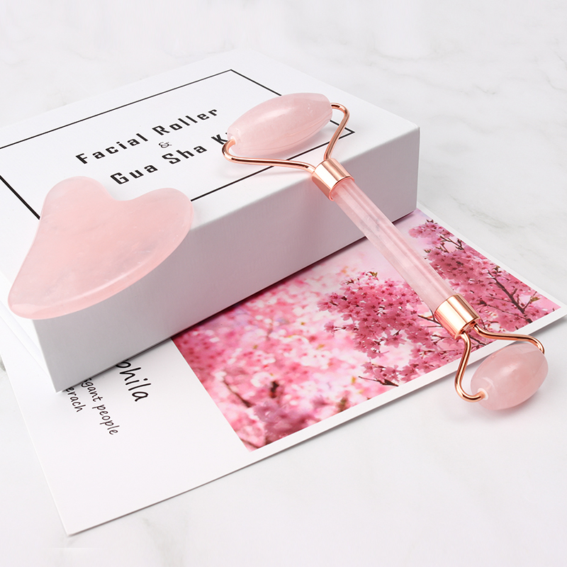 custom private label box 100% natural stone pink rose quartz gua sha tools set and facial massage jade roller with logo