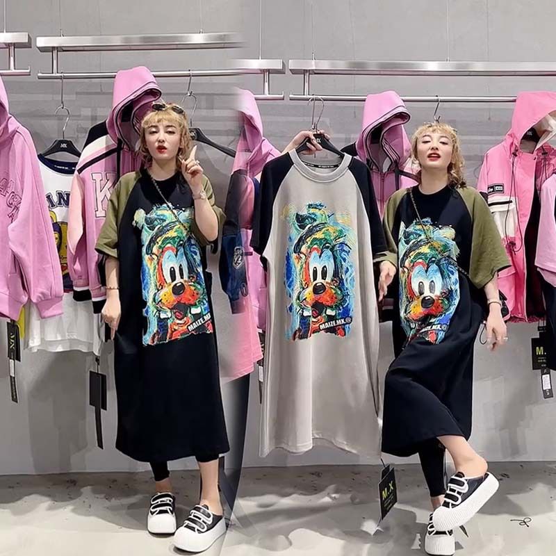 Women's Clothes plus size Summer Dresses Solid Color Crewneck Loose Short Sleeve Printing T Shirt Casual oversize Women Dress