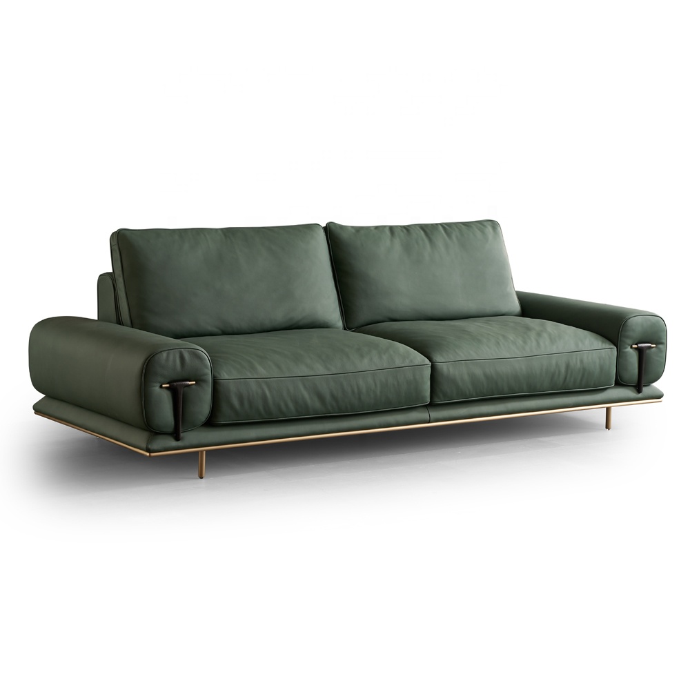 Golden stainless steel frame green genuine leather sofa modern furniture luxury Italian sofa design living room sofa 3 seater
