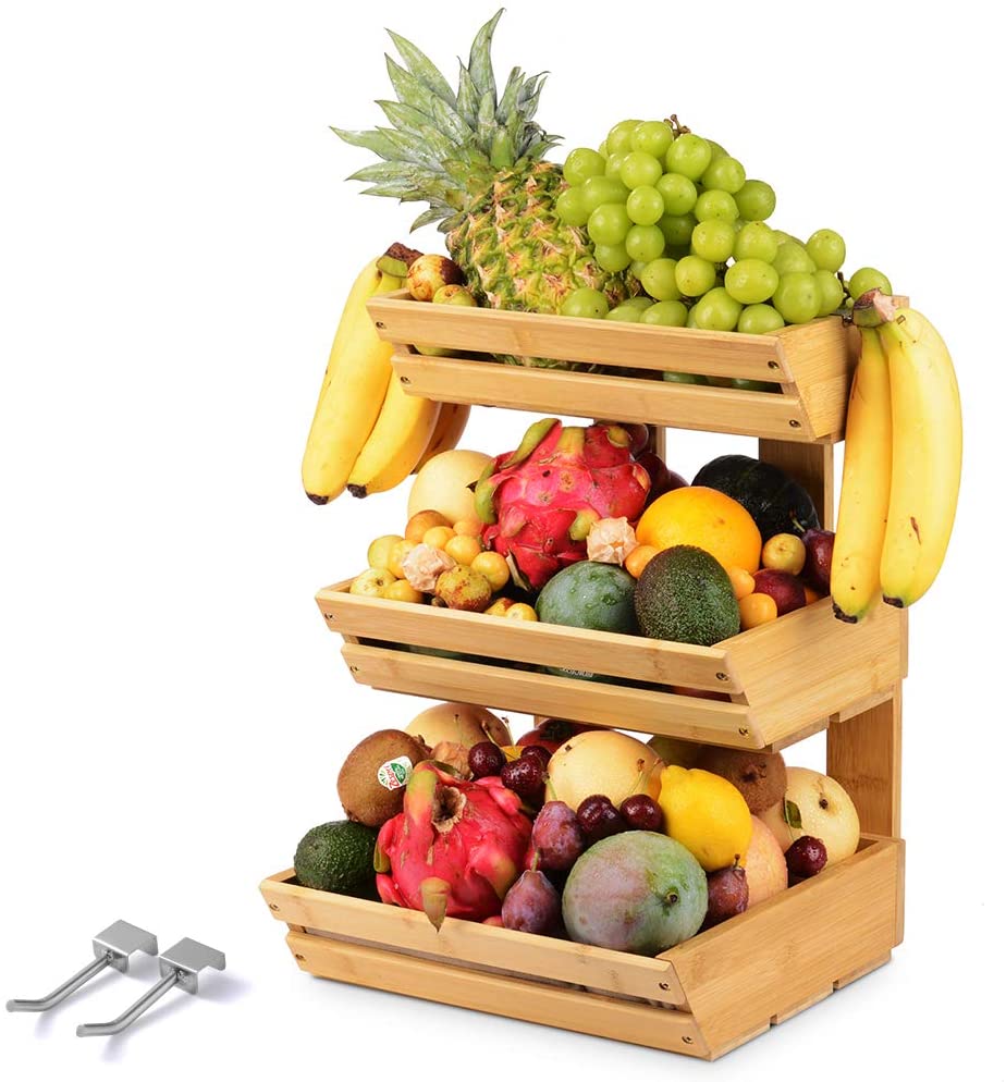 Бамбук 3 уровня держатель для овощей, фруктов и хлеба с 2 banana Pi крючки для кухни, столовой, и в комнате для гостей