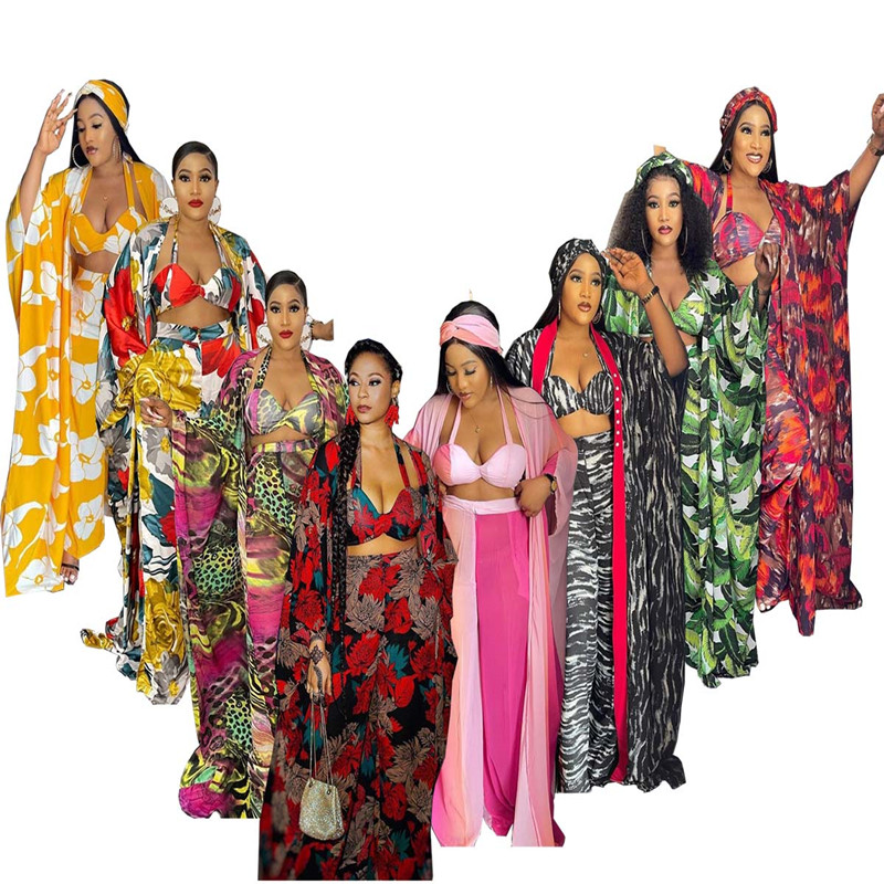 2021 Summer 4 Piece Set European and American Sexy Print New African Design Bra Top+Pants+Cape Coat+ Scarf Women Sets Dress