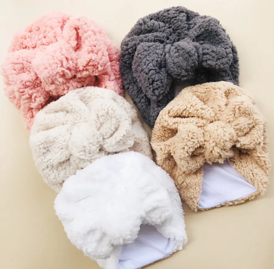 2022 Baby Fleece Bonnet Winter Baby Girls Hat Super Soft Warm Thicken Lambswool Bow Toddler Turban Newborn Outdoor Beanie Hat