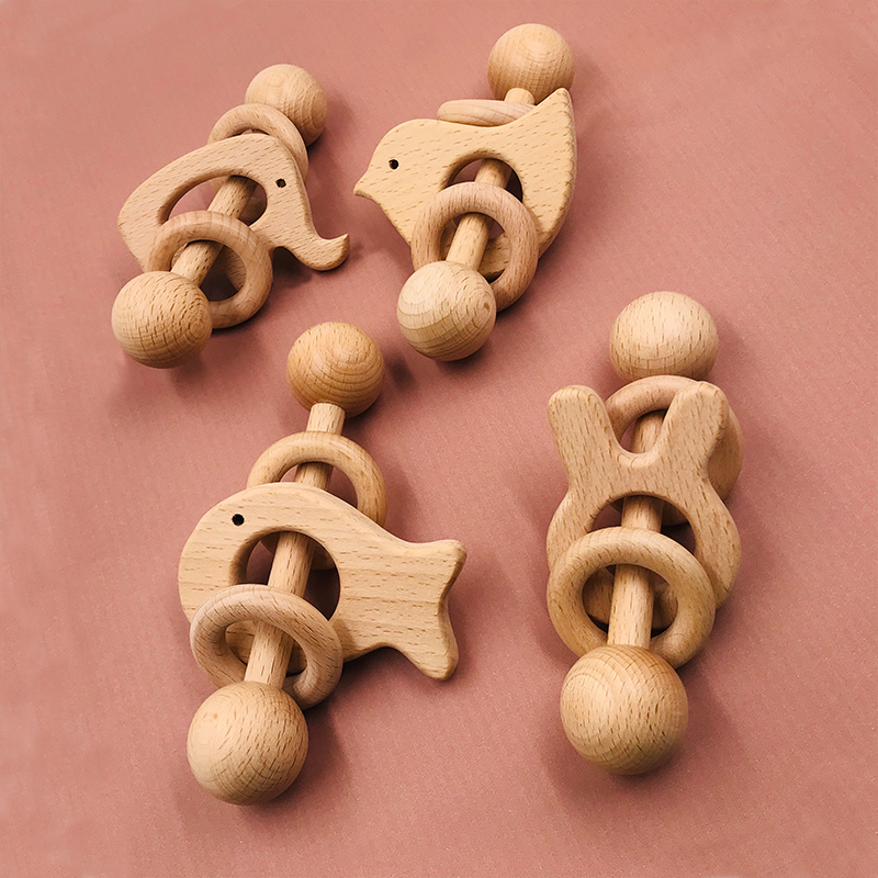 Wholesale Organic Beech Wood Ring Teether Wooden Baby Rattle Teething Toys