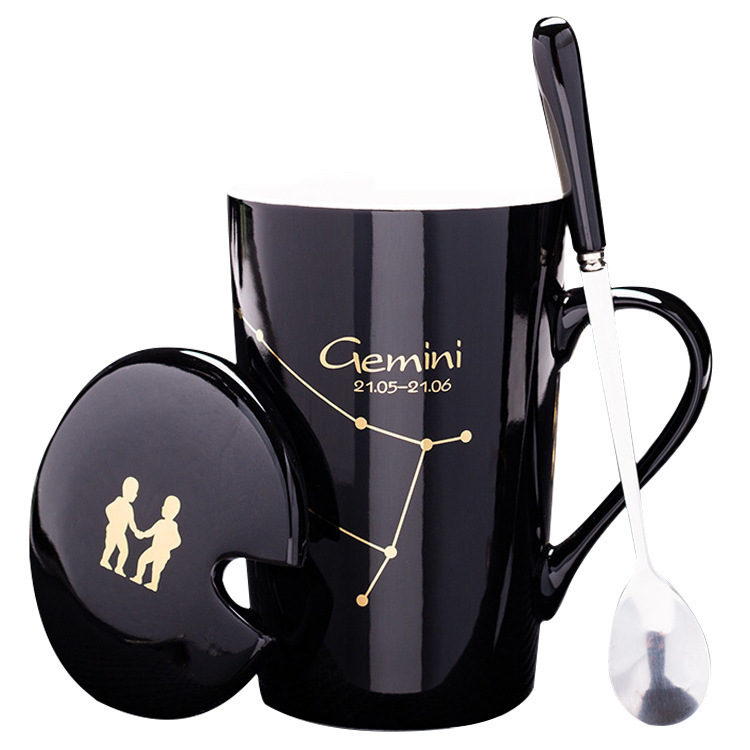 12 Constellations Ceramic Mugs with Spoon Lid gold pattern Milk Coffee Cup couple cup custom logo ceramic cup