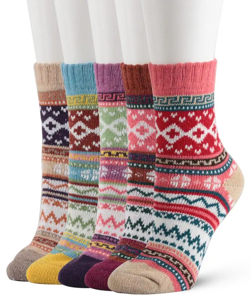 5Pack Womens Multicolor Vintage Winter Soft Warm Thick Knit Wool Crew Socks