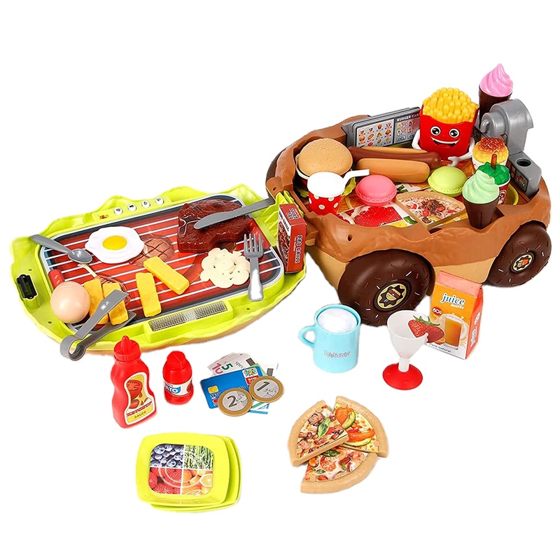 2021 Most Popular Pretend Play Game Creative Burger Car Plastic Hamburger Fast Food Dining Car Kitchen Toys Set for Kids