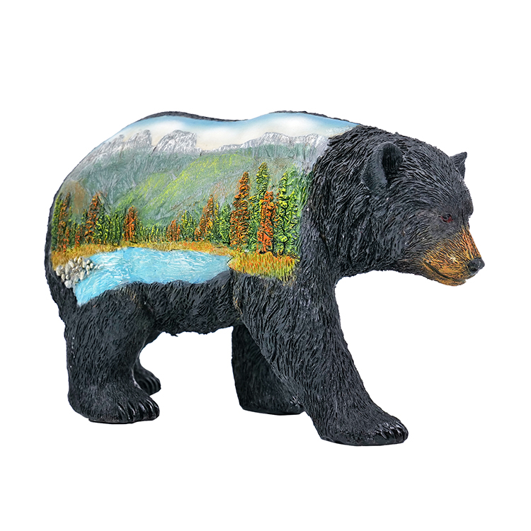 resin black bear figure table top poly sculpture decor unique bear figure with colorful scenery home decoration and gift