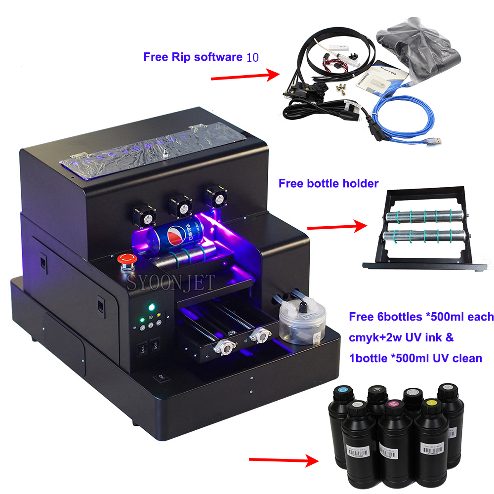 Full Automatic UV Printer A4 Flatbed Bottle Phone Case Printer With 3500ml Ink Set For glass metal ceramic a4 UV printer