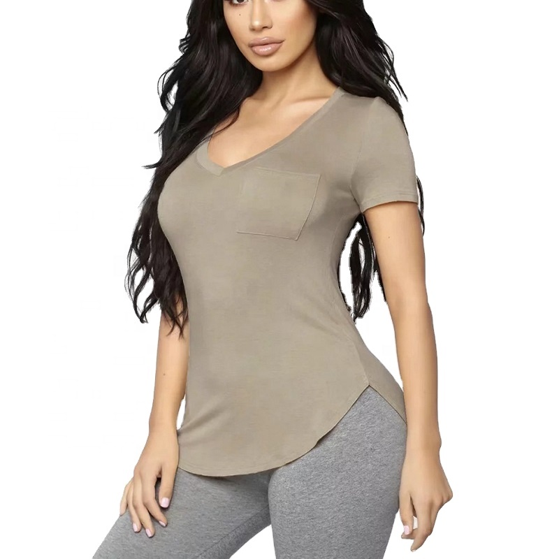 Custom Logo wholesale Summer Women stretchy short sleeve curve hem V neck slim sexy tight t shirts with chest pockets