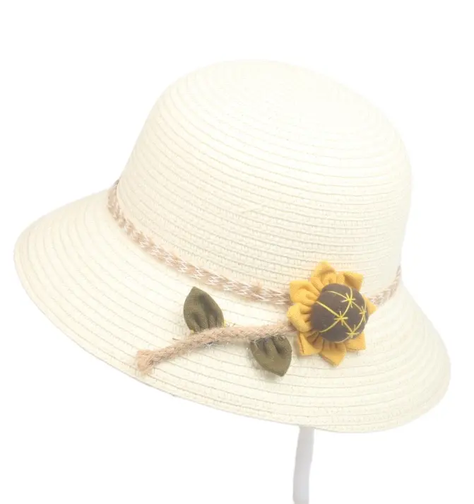 Wholesale wide brim Summer kids Beach Sun Hat Children Girl Bucket Straw Hat Flower Bowknot Sunhat