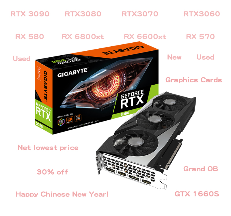 2022 30% скидка, бывшие в употреблении видеокарты RTX 3090 3080 3070 3060 ti RX 580 8 Гб RX 6800 6600 xt RTX 3080, графические карты