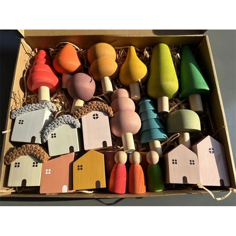Nordic Building Blocks Stacking Crochet House Rainbow Forest Wooden Trees Educational Toys for Kids