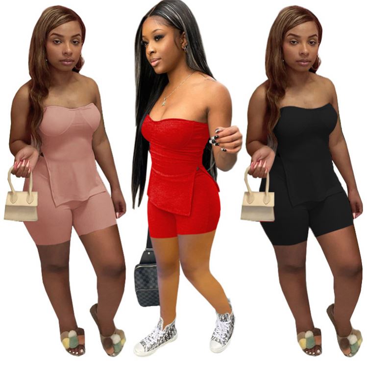 AOMEI Best Design Solid Color Two Piece Short Sets Women 2021 Fashion Tube Top Custom Logo Two Piece Set
