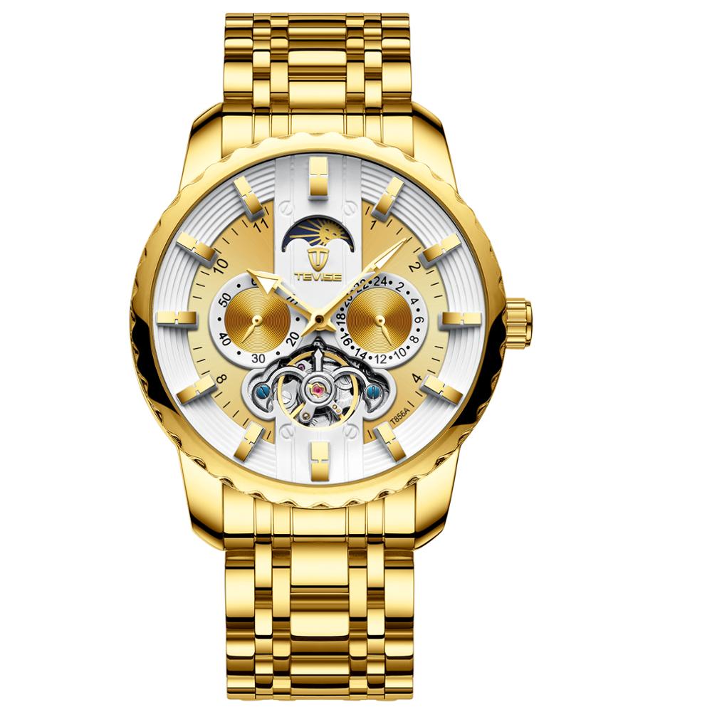 2021 TEVISE T856A Men Business Stainless Steel Moon Phase Mechanical Watch Analog 24 Hours Display Automatic Watches