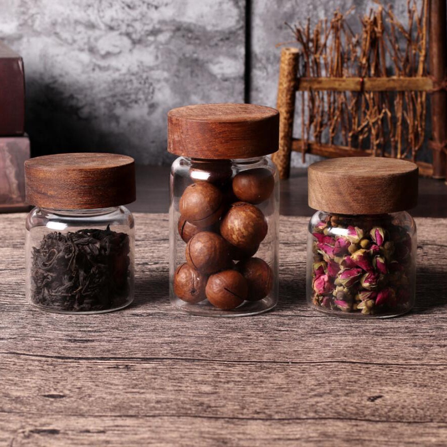 High Borosilicate Food Storage Canister glass containers storage bottle with Wooden Lid for Kitchen