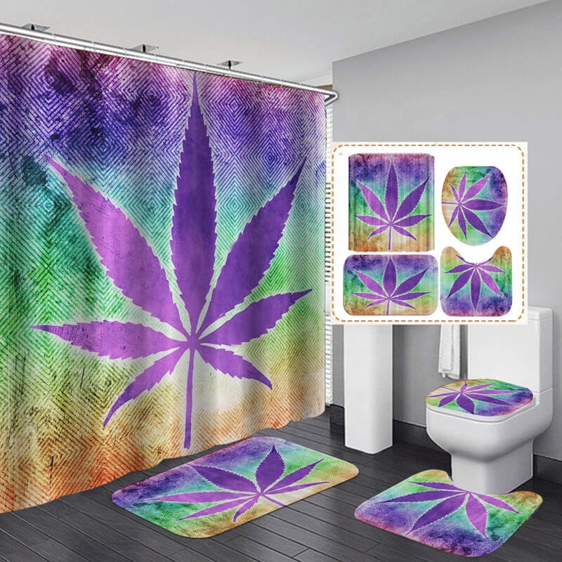 i@home polyester 4 piece blue leaves printed water resistant shower curtain set for bathroom